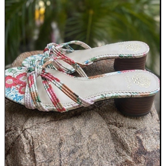 Vince Camuto Shoes - Vince‎ Cameo  6.5 Pastel Floral  Strappy  Block Heel Mule Sandals Braided Wood